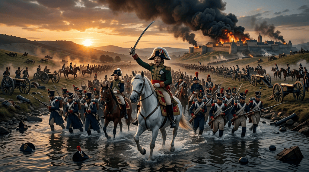 Roman commander on horseback leading soldiers across a river